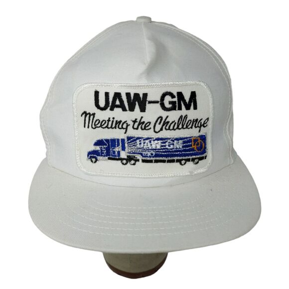 VINTAGE General Motors Hat White Strap Back Cap Trucker Patch Logo UAW GM 80s - Picture 1 of 11